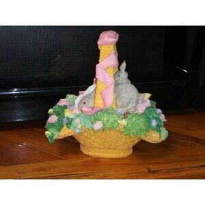 Spring Easter Garden Rabbits Bunny Bunnies in BASKET STATUE figurine resin 7.5"